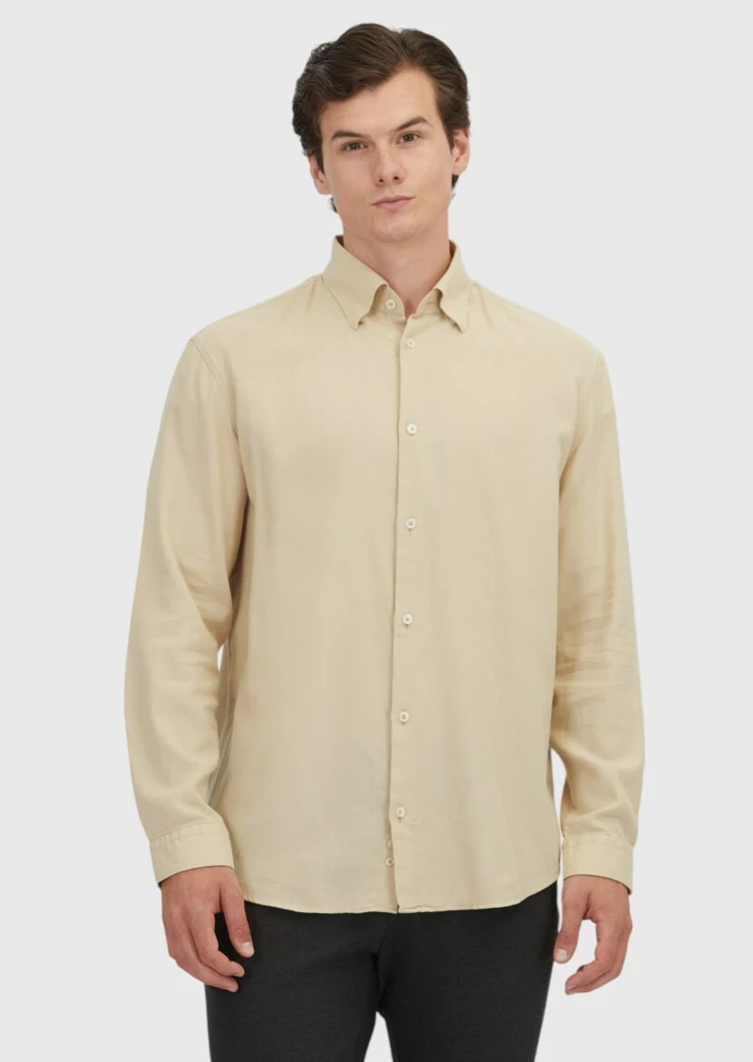 Beige Plain Loose Fit Weaving Casual Wool Blended Shirt - 1