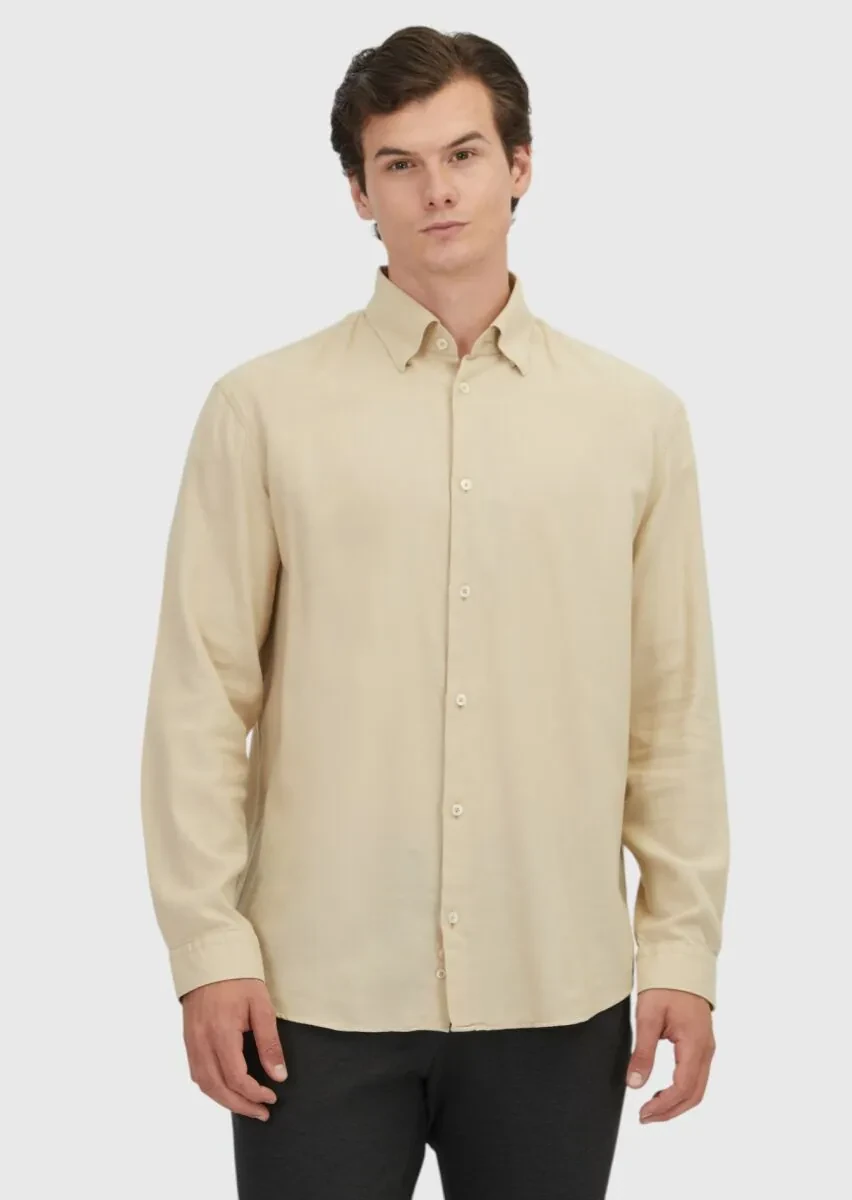 Beige Plain Loose Fit Weaving Casual Wool Blended Shirt - 1