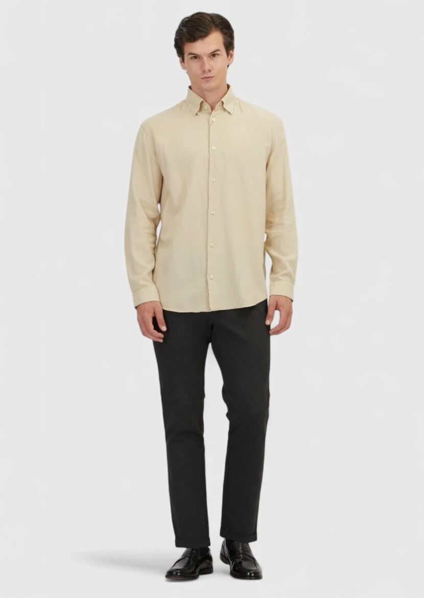 Beige Plain Loose Fit Weaving Casual Wool Blended Shirt 