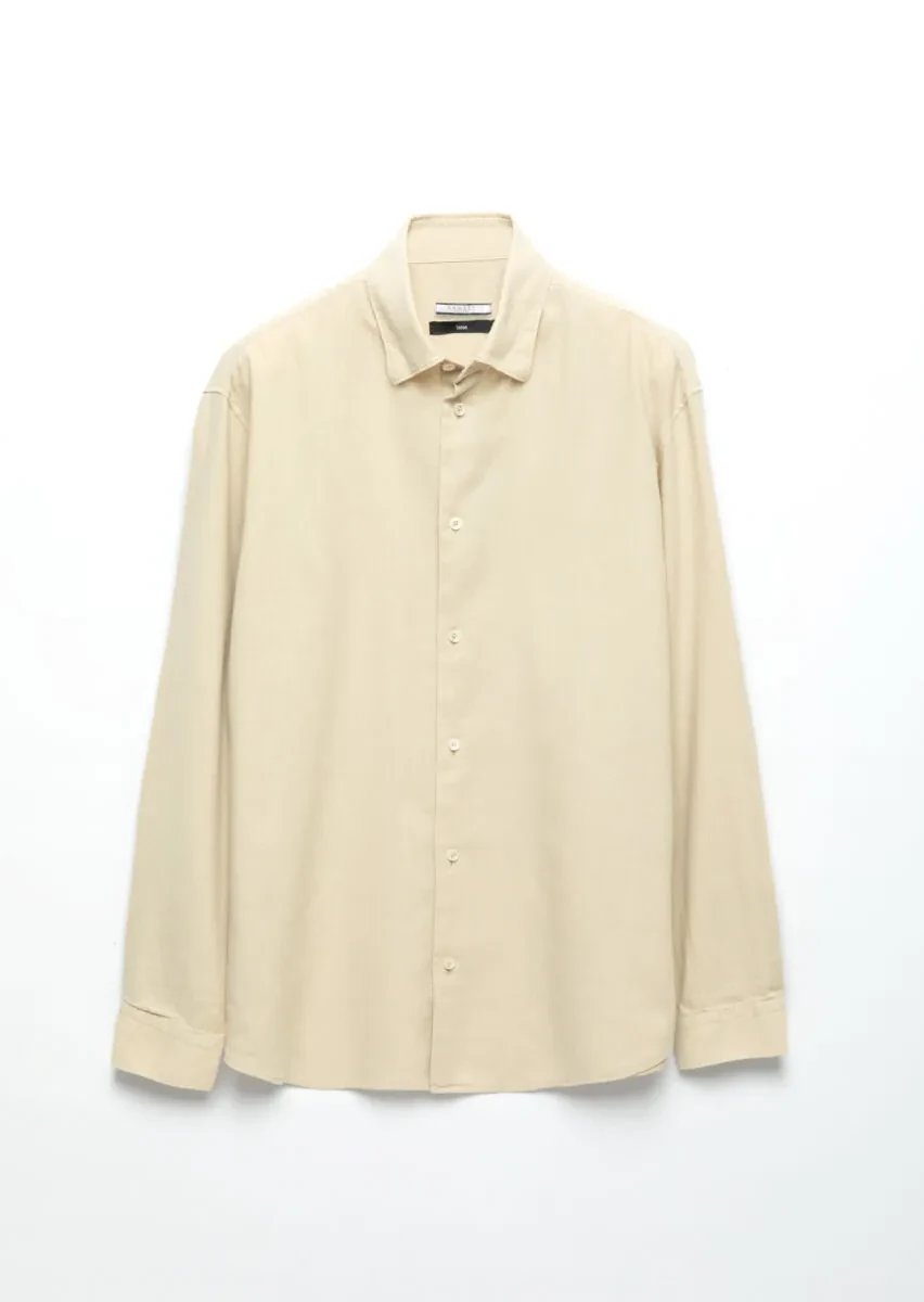 Beige Plain Loose Fit Weaving Casual Wool Blended Shirt - 6