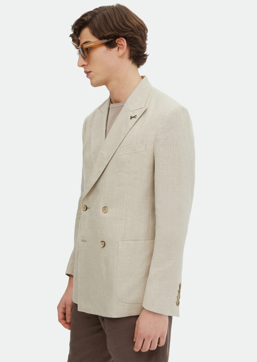 Beige Plain Oversize Fit 100% Linen Jacket - 1