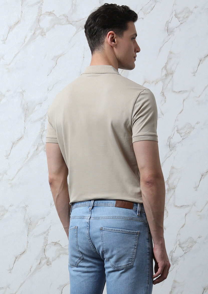 Beige Plain Polo Neck 100% Cotton T-Shirt - 5