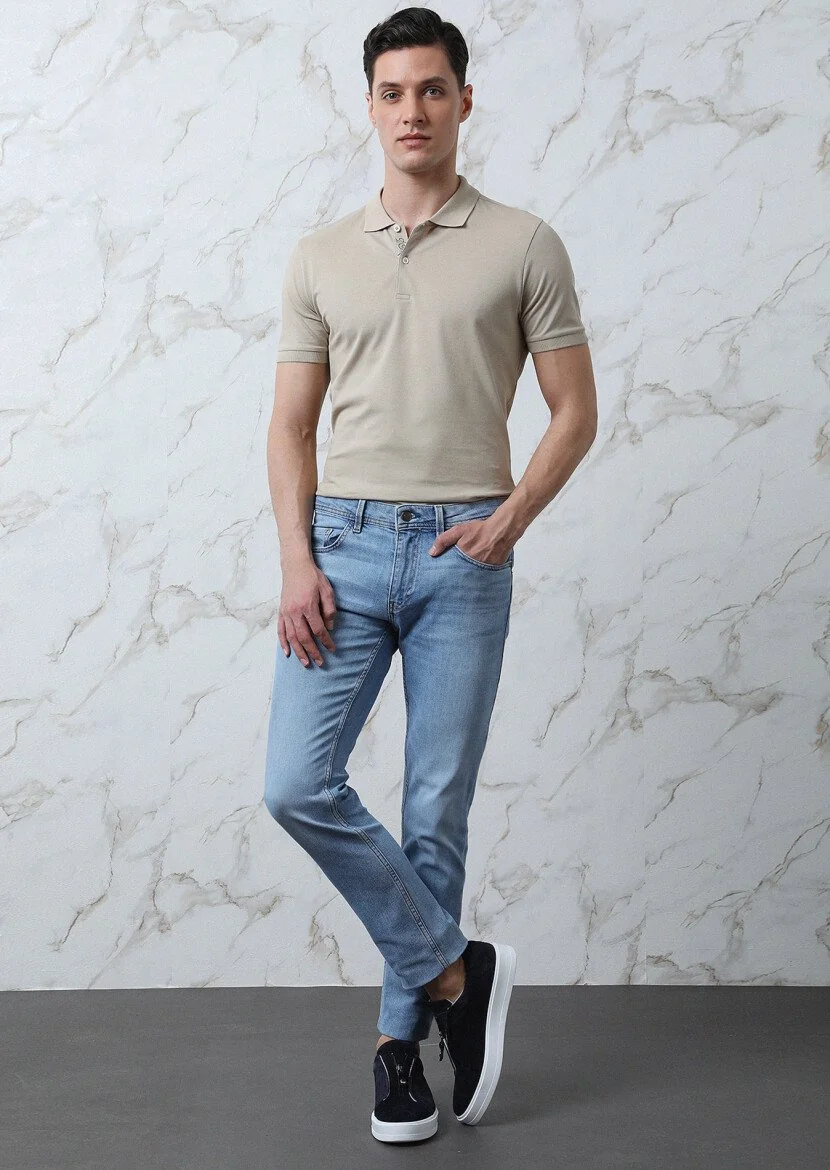 Beige Plain Polo Neck 100% Cotton T-Shirt - 2