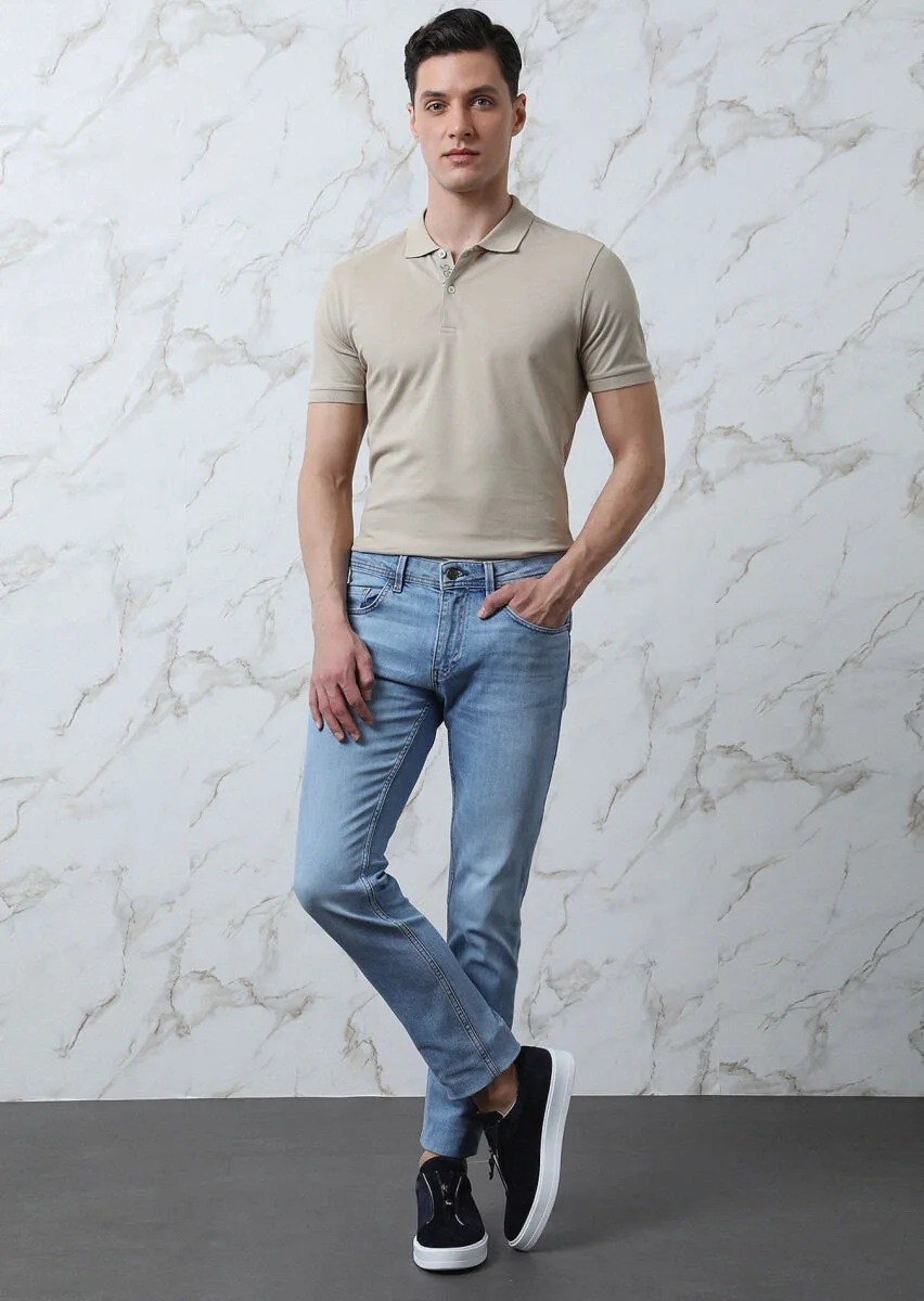 Beige Plain Polo Neck 100% Cotton T-Shirt - 2