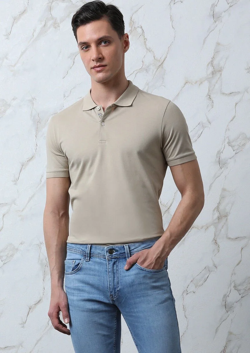 Beige Plain Polo Neck 100% Cotton T-Shirt - 4