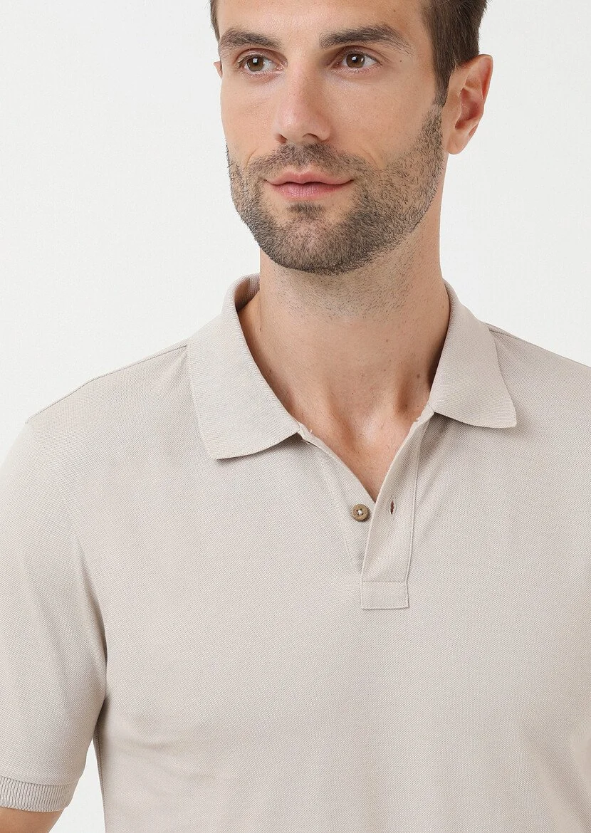 Beige Plain Polo Neck 100% Cotton T-Shirt 