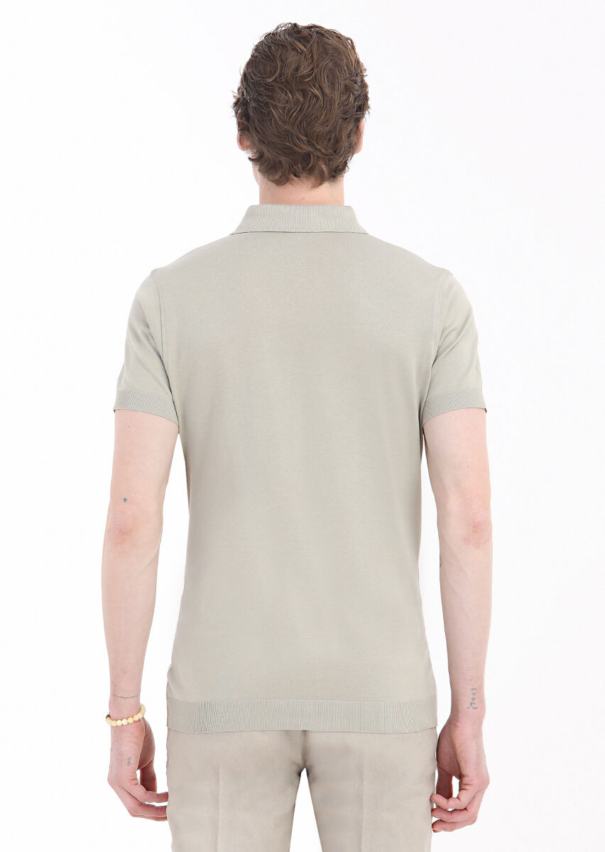 Beige Plain Polo Neck 100% Cotton T-Shirt - 3