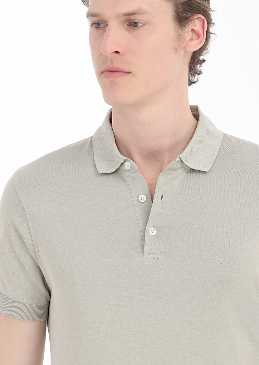 Beige Plain Polo Neck 100% Cotton T-Shirt - 3