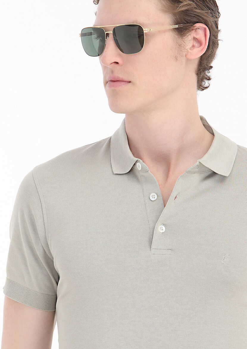 Beige Plain Polo Neck 100% Cotton T-Shirt - 4