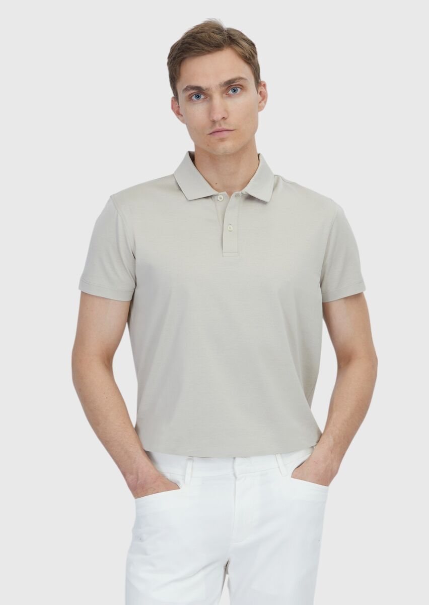 Beige Plain Polo Neck 100% Cotton T-Shirt - 1