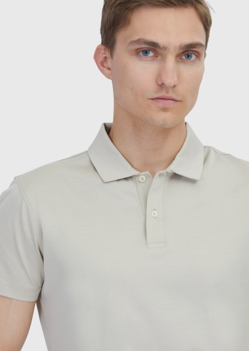Beige Plain Polo Neck 100% Cotton T-Shirt - 3