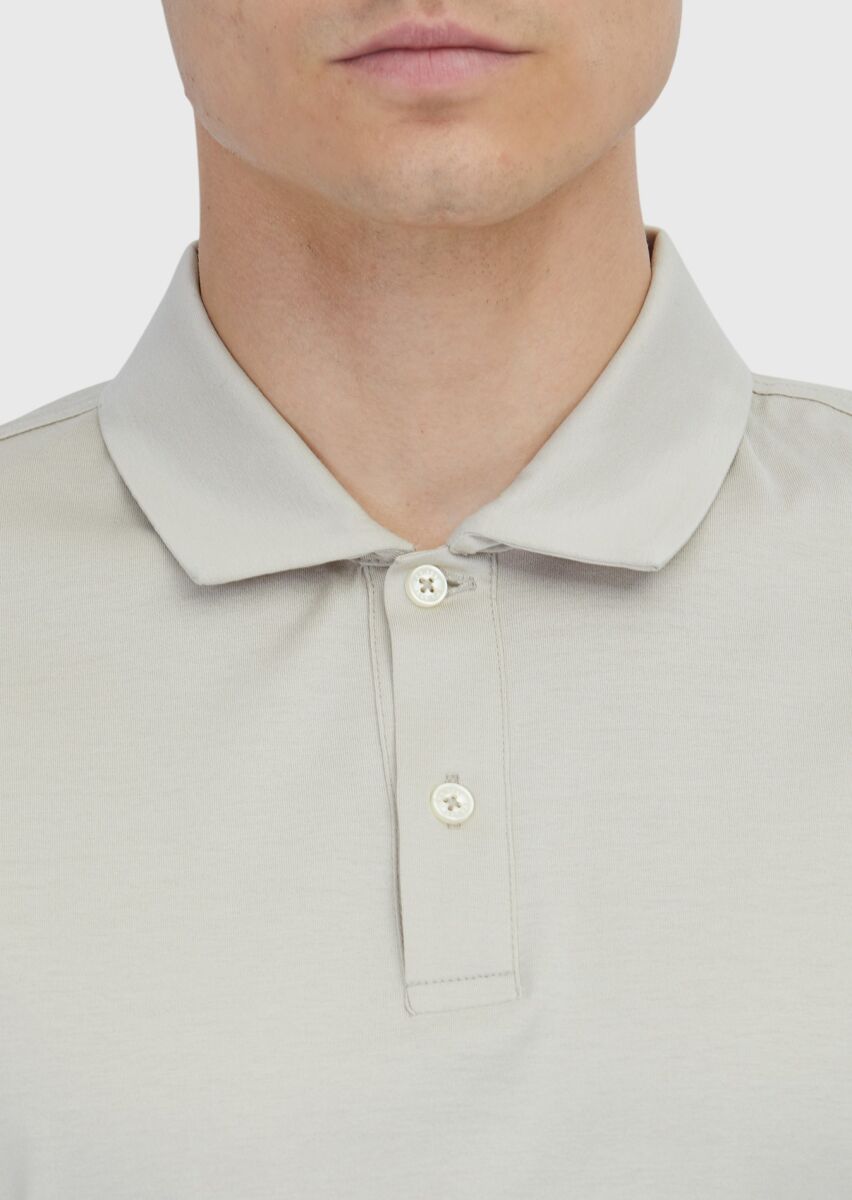 Beige Plain Polo Neck 100% Cotton T-Shirt - 4