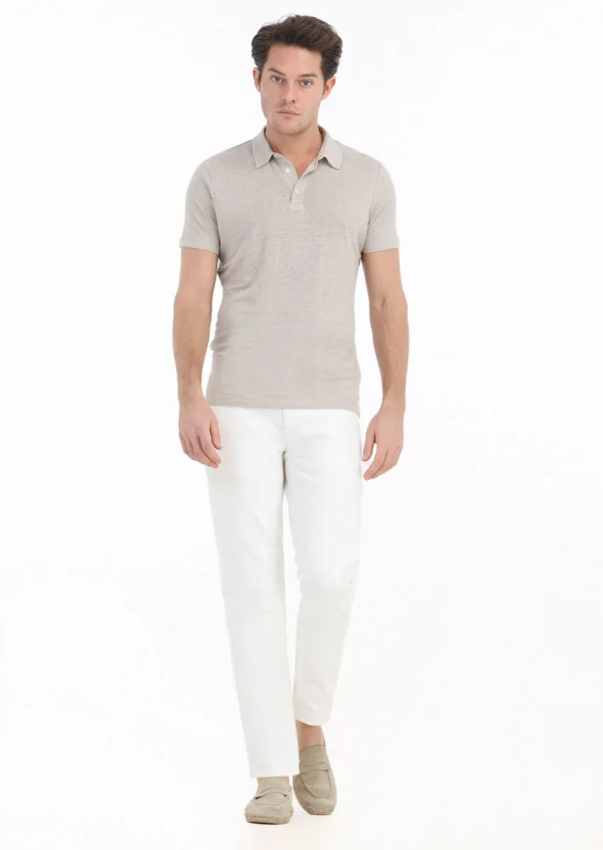 Beige Plain Polo Neck 100% Linen T-Shirt - 1