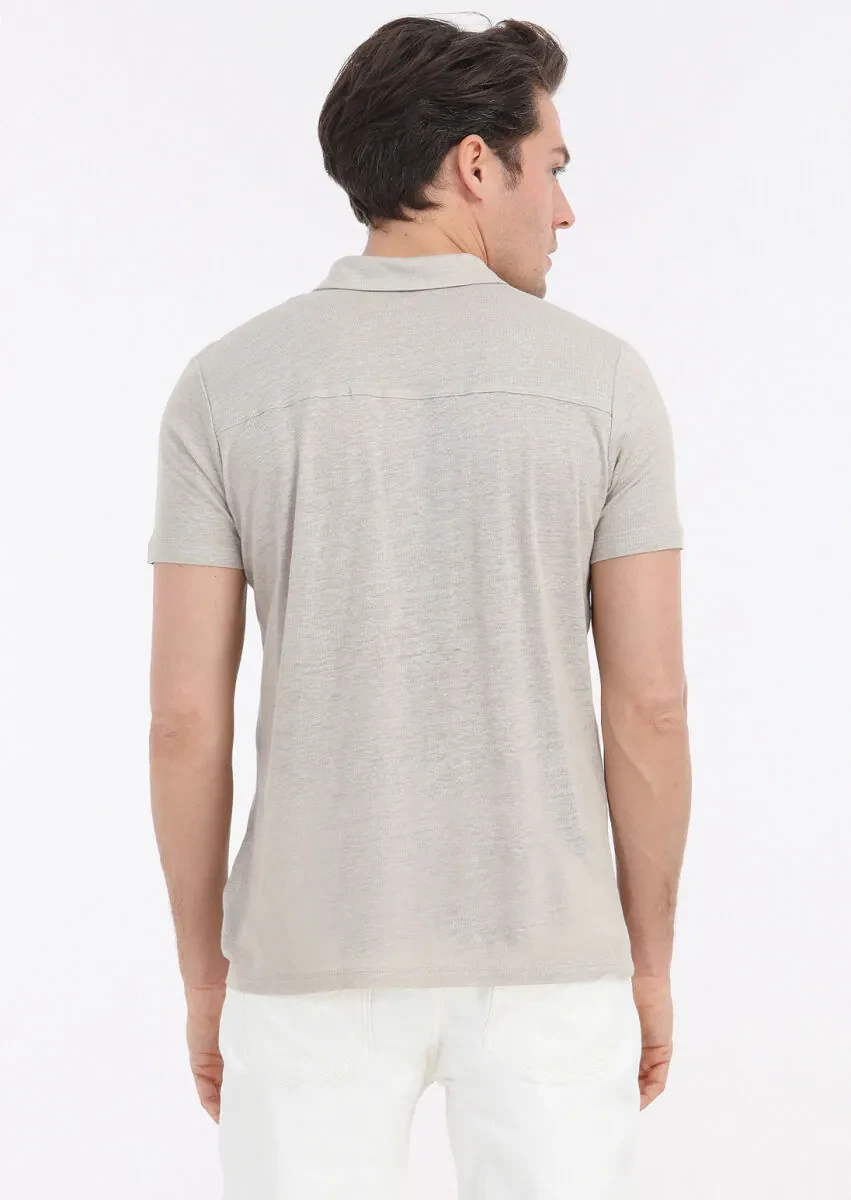 Beige Plain Polo Neck 100% Linen T-Shirt - 5