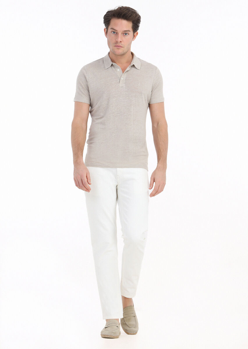 Beige Plain Polo Neck 100% Linen T-Shirt - 1