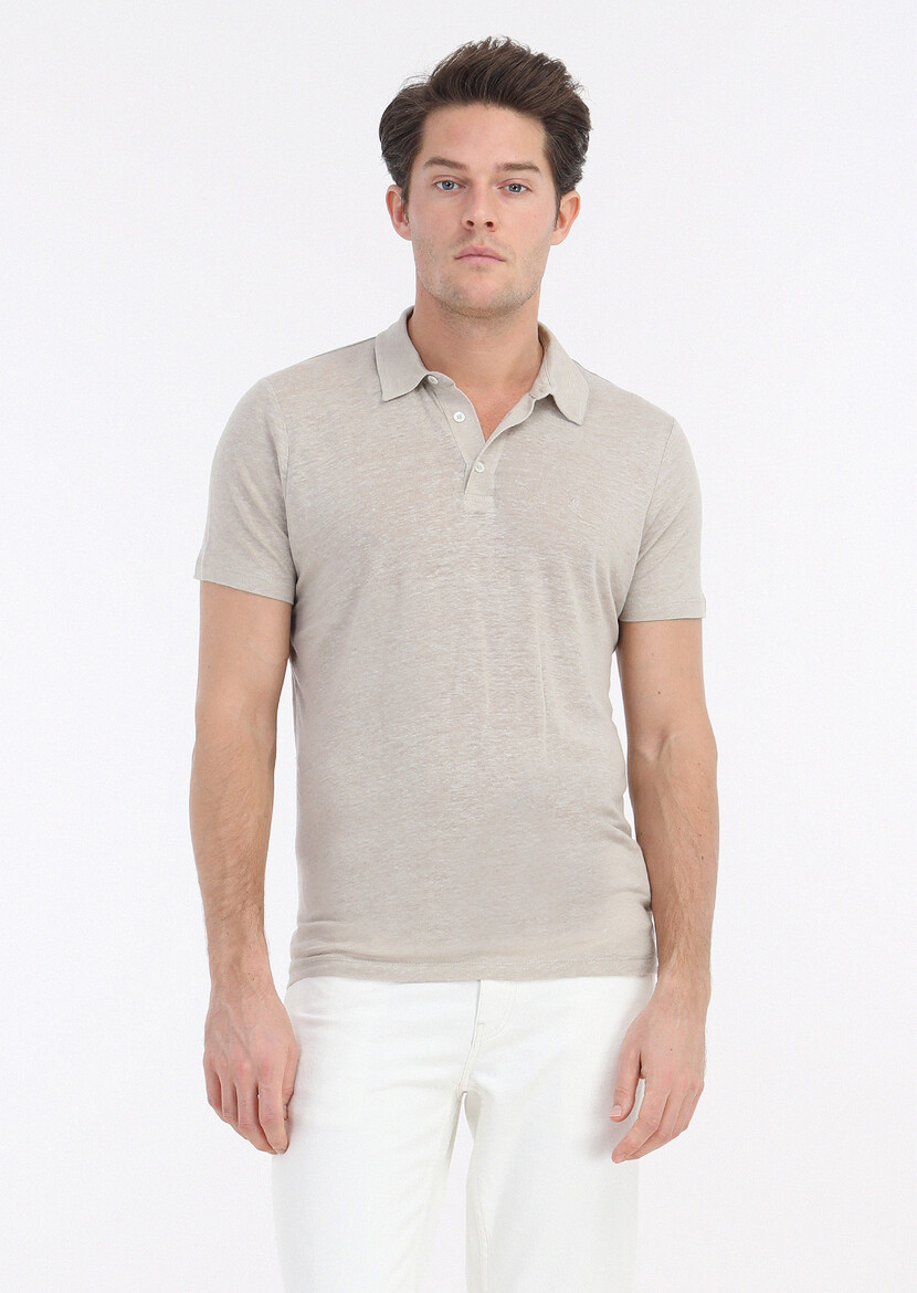 Beige Plain Polo Neck 100% Linen T-Shirt - 2