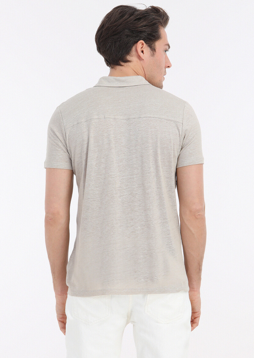 Beige Plain Polo Neck 100% Linen T-Shirt - 5