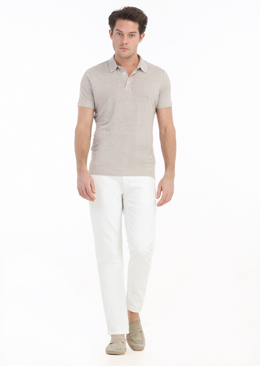 Beige Plain Polo Neck 100% Linen T-Shirt 