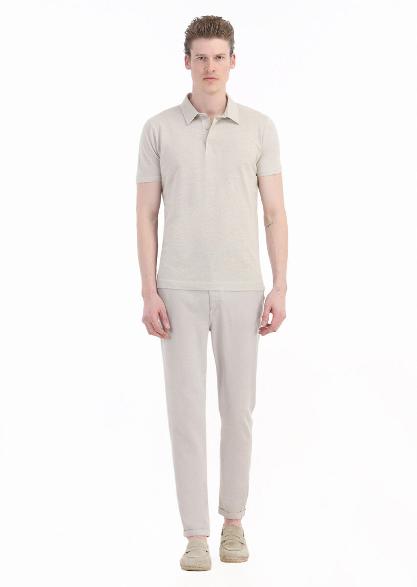 Beige Plain Polo Neck Cotton Blended T-Shirt - 1