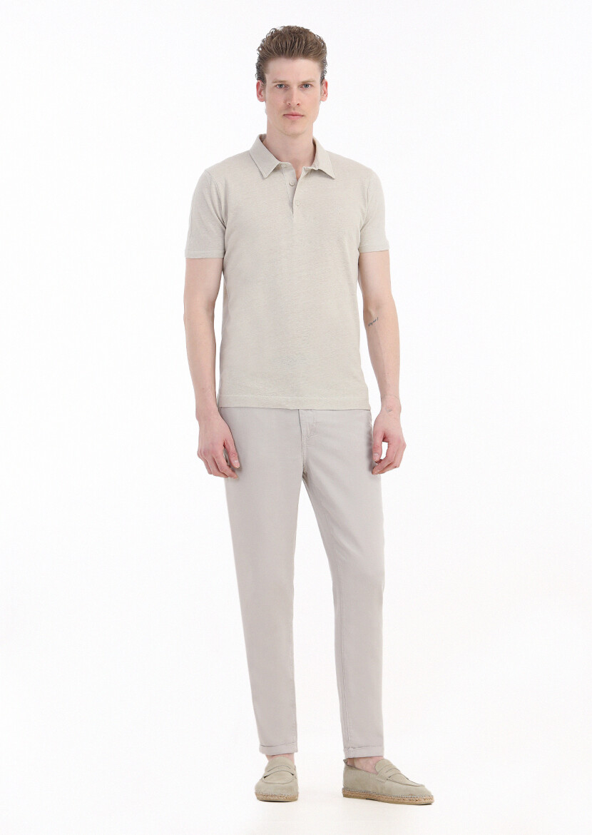 Beige Plain Polo Neck Cotton Blended T-Shirt 