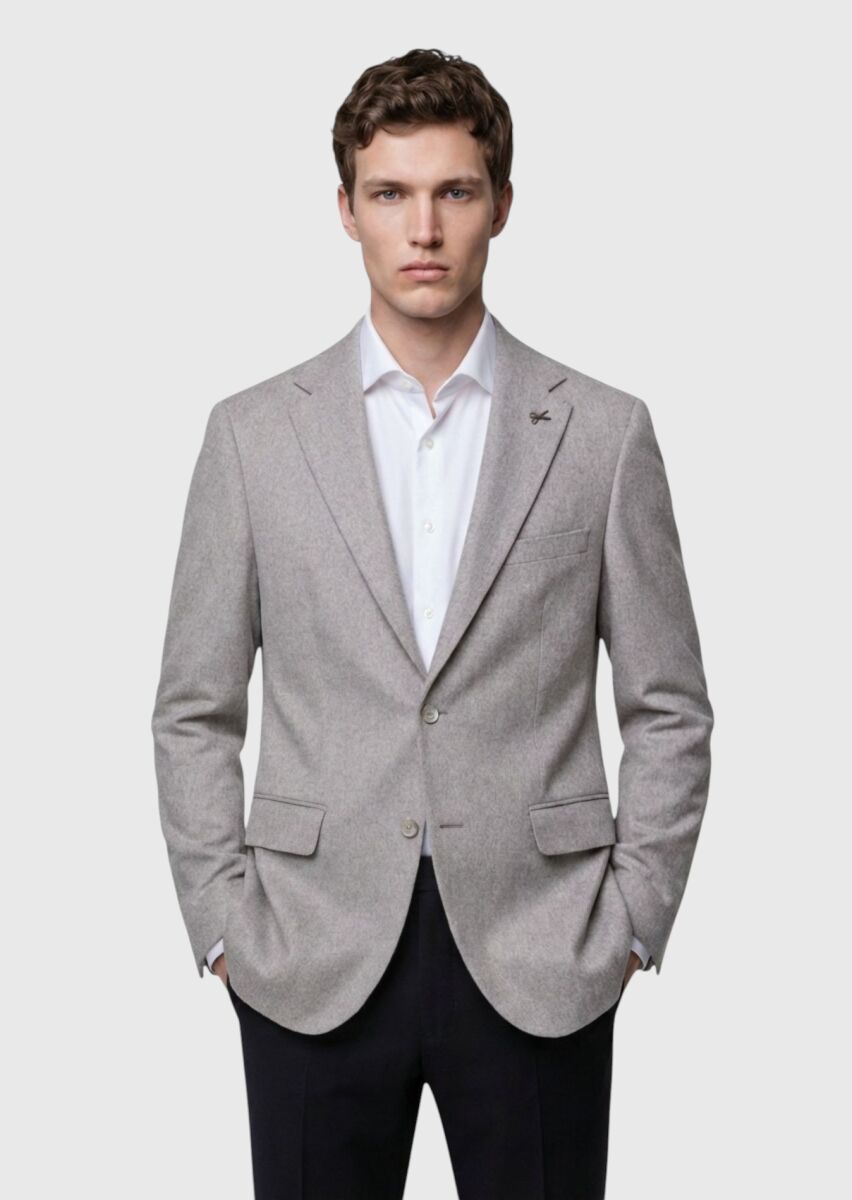 Beige Plain Regular Fit 100% Cashmire Jacket - 1