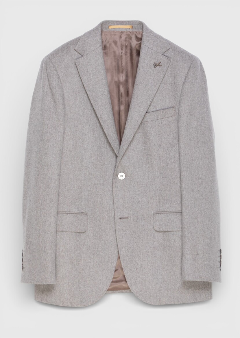 Beige Plain Regular Fit 100% Cashmire Jacket - 5