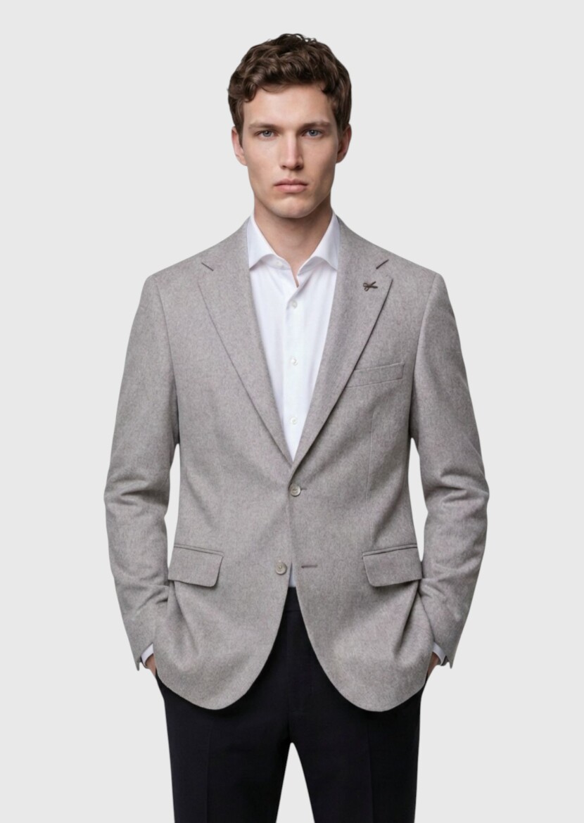 Beige Plain Regular Fit 100% Cashmire Jacket - 1