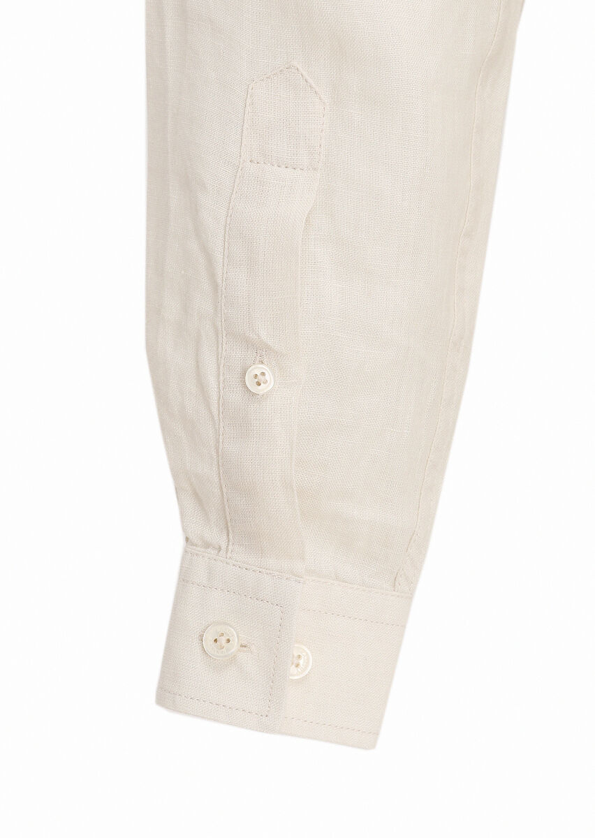 Beige Plain Regular Fit Long Weaving Casual 100% Linen Shirt - 2