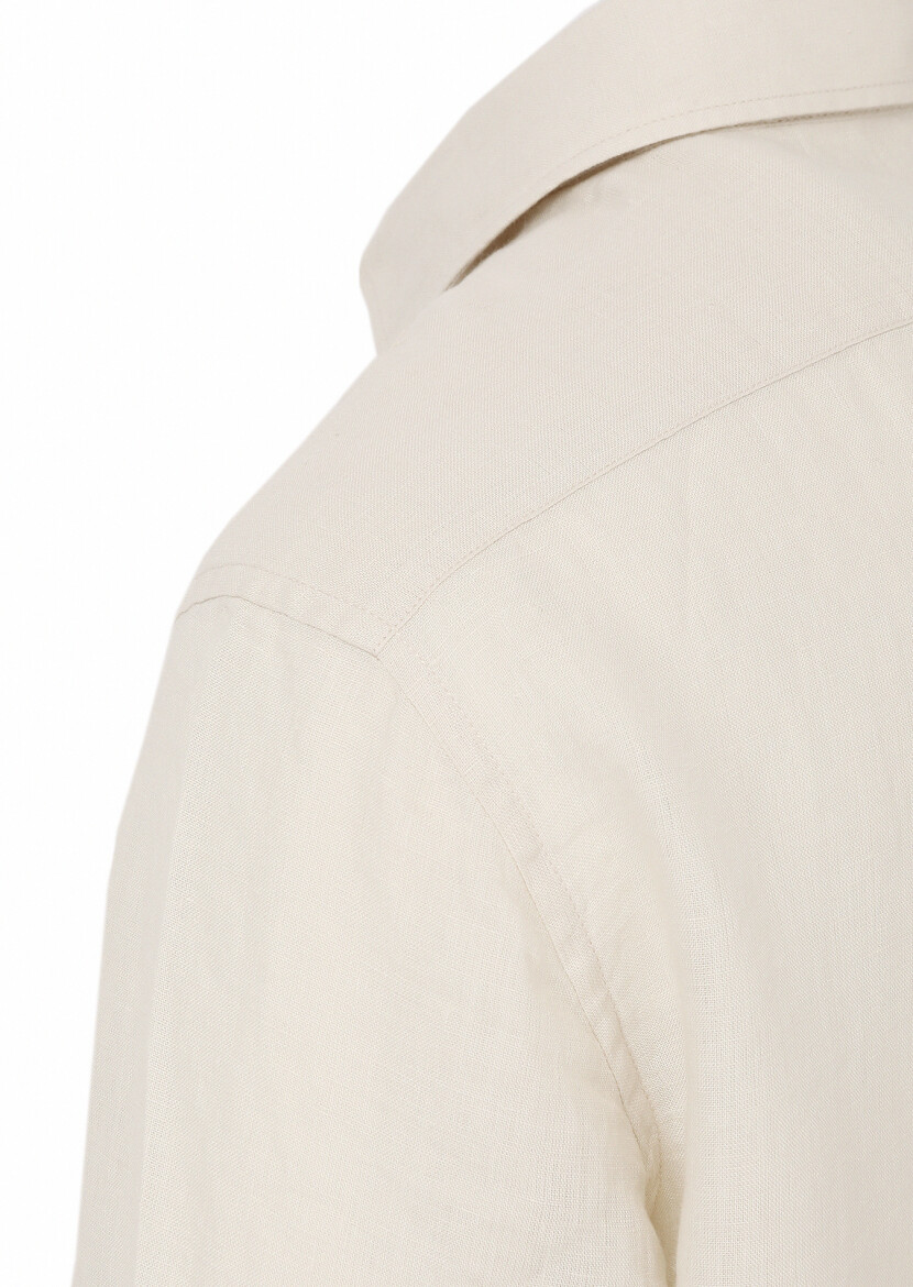 Beige Plain Regular Fit Long Weaving Casual 100% Linen Shirt - 3