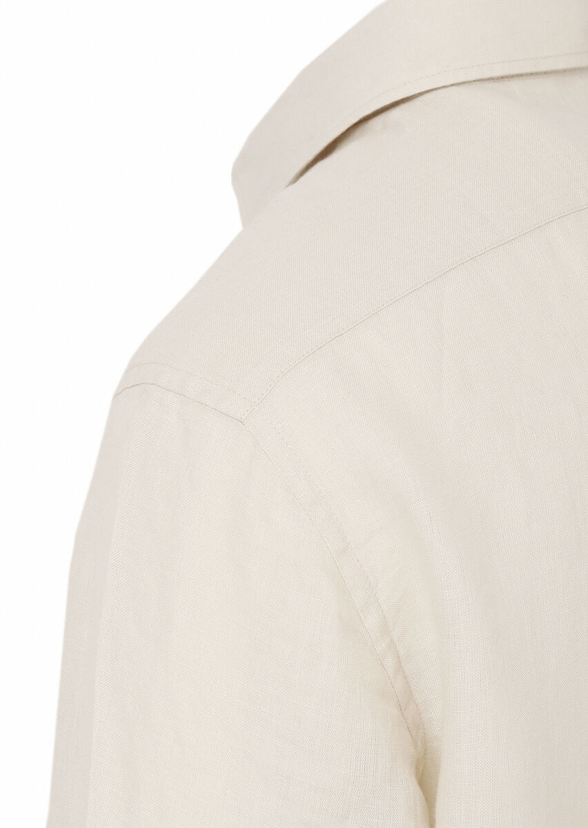 Beige Plain Regular Fit Long Weaving Casual 100% Linen Shirt - 3