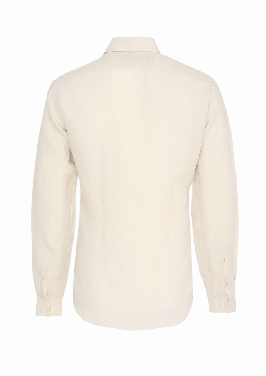 Beige Plain Regular Fit Long Weaving Casual 100% Linen Shirt - 4