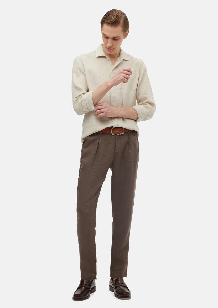 Beige Plain Regular Fit Long Weaving Casual 100% Linen Shirt - 1