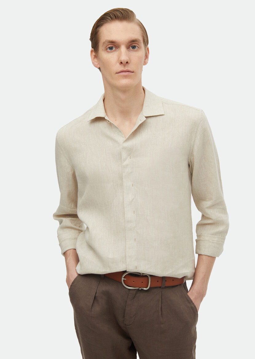 Beige Plain Regular Fit Long Weaving Casual 100% Linen Shirt 