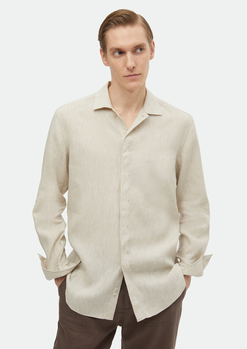 Beige Plain Regular Fit Long Weaving Casual 100% Linen Shirt - 3