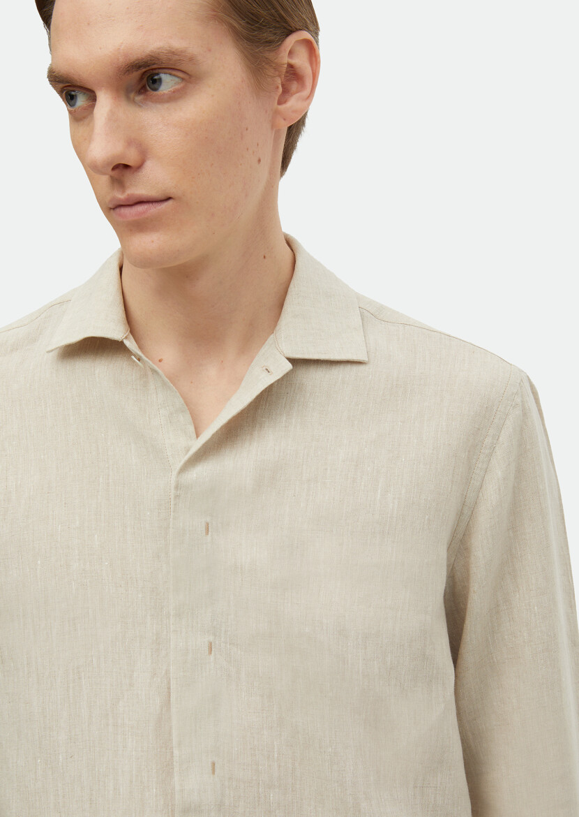 Beige Plain Regular Fit Long Weaving Casual 100% Linen Shirt - 4