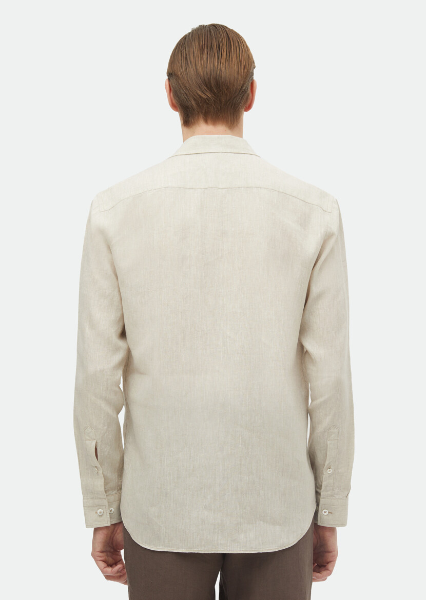 Beige Plain Regular Fit Long Weaving Casual 100% Linen Shirt - 5