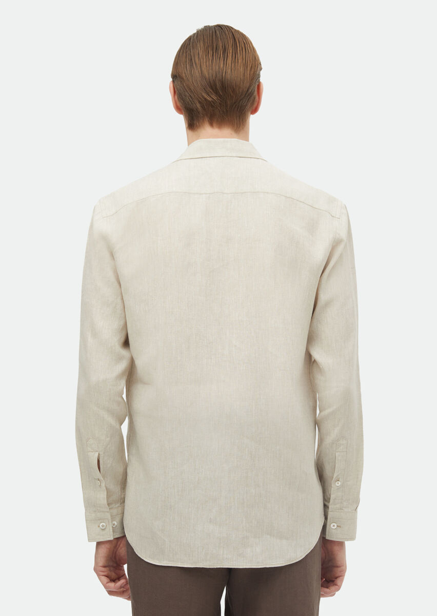 Beige Plain Regular Fit Long Weaving Casual 100% Linen Shirt - 5
