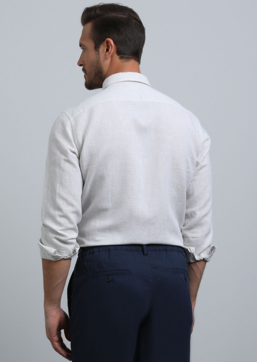 Beige Plain Regular Fit Long Weaving Casual Cotton Blended Shirt - 3