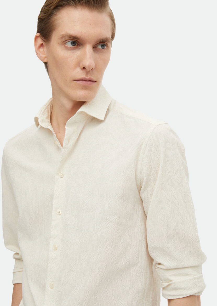 Beige Plain Regular Fit Long Weaving Casual Cotton Blended Shirt - 3