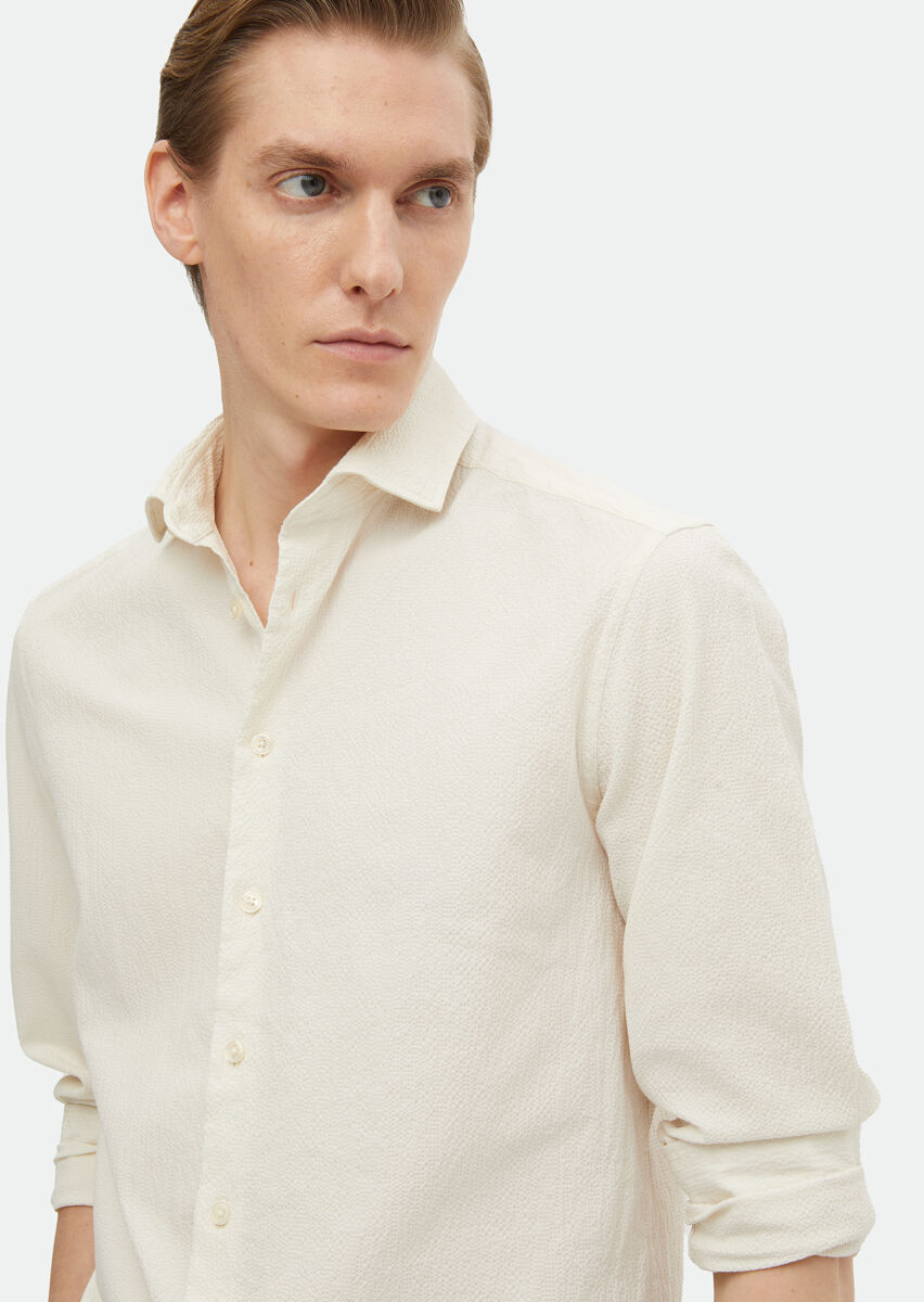 Beige Plain Regular Fit Long Weaving Casual Cotton Blended Shirt - 3