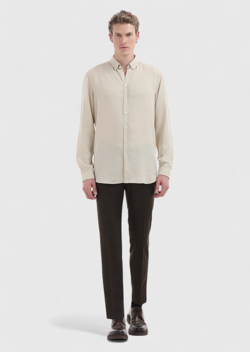 Beige Plain Regular Fit Long Weaving Casual Shirt - 1