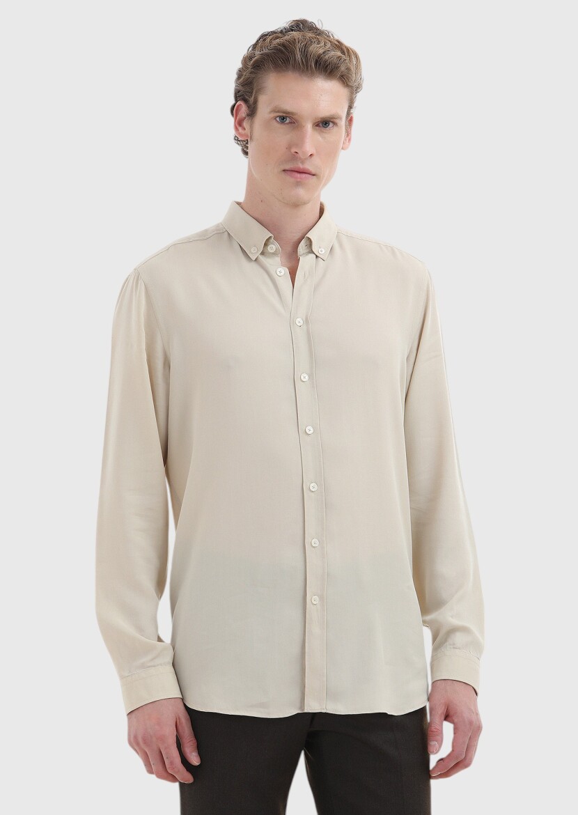 Beige Plain Regular Fit Long Weaving Casual Shirt 