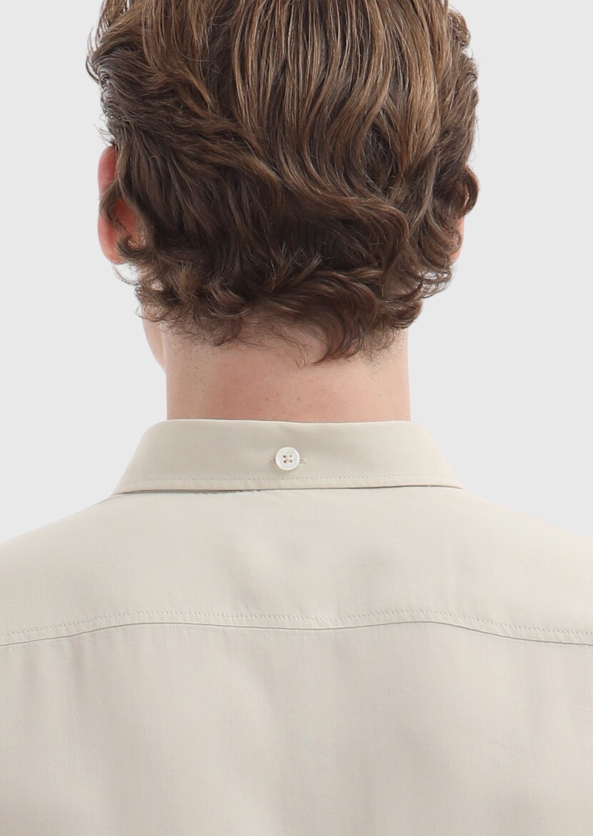 Beige Plain Regular Fit Long Weaving Casual Shirt - 4