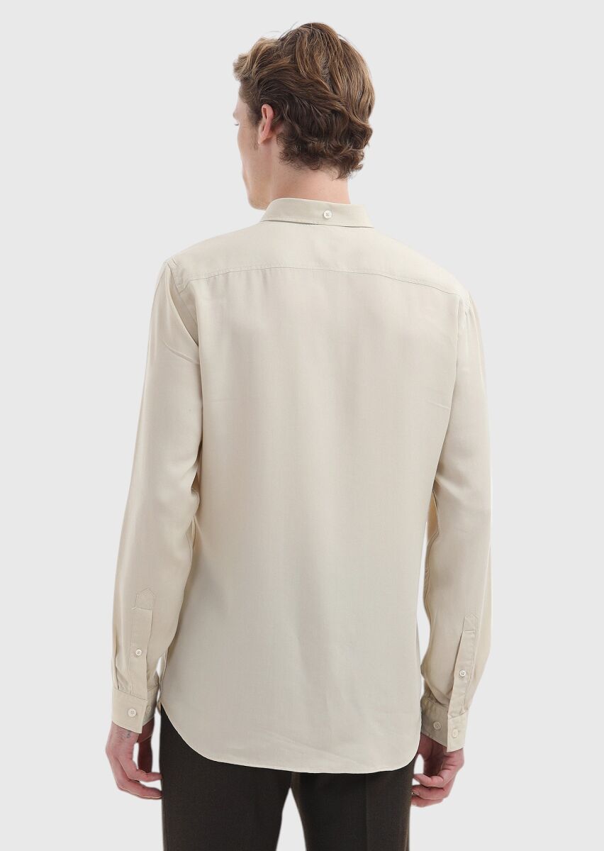 Beige Plain Regular Fit Long Weaving Casual Shirt - 5
