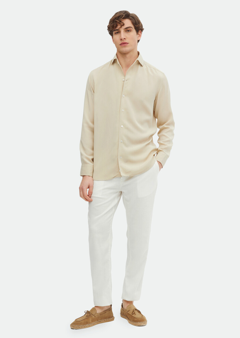 Beige Plain Regular Fit Long Weaving Casual Shirt 