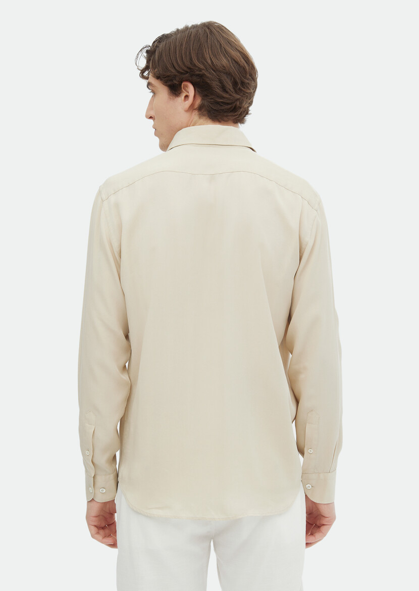 Beige Plain Regular Fit Long Weaving Casual Shirt - 5