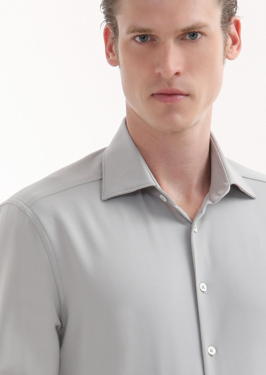 Beige Plain Regular Fit Long Weaving Classical Wool Blended Shirt - 3