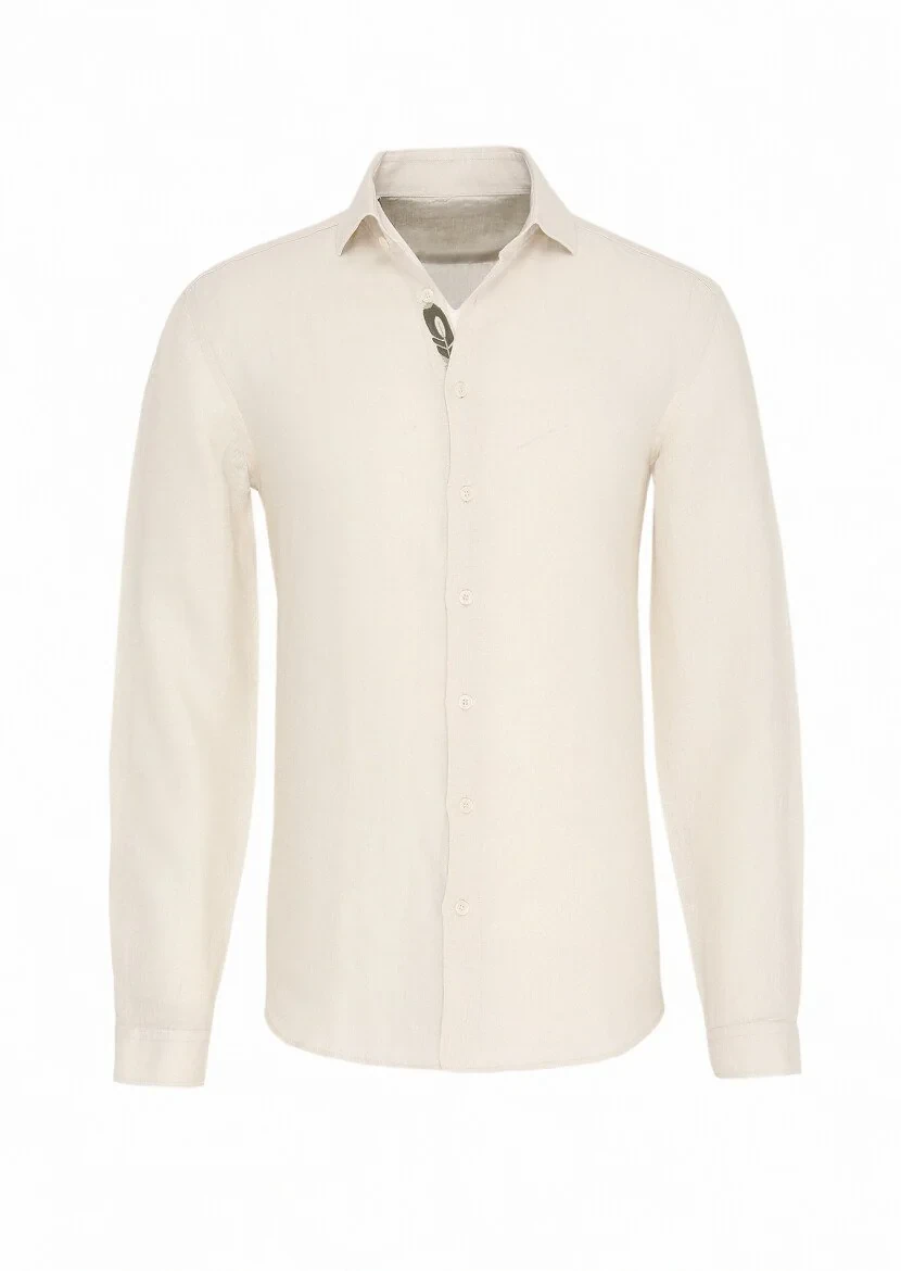 Beige Plain Regular Fit Weaving Casual 100% Linen Shirt - 1