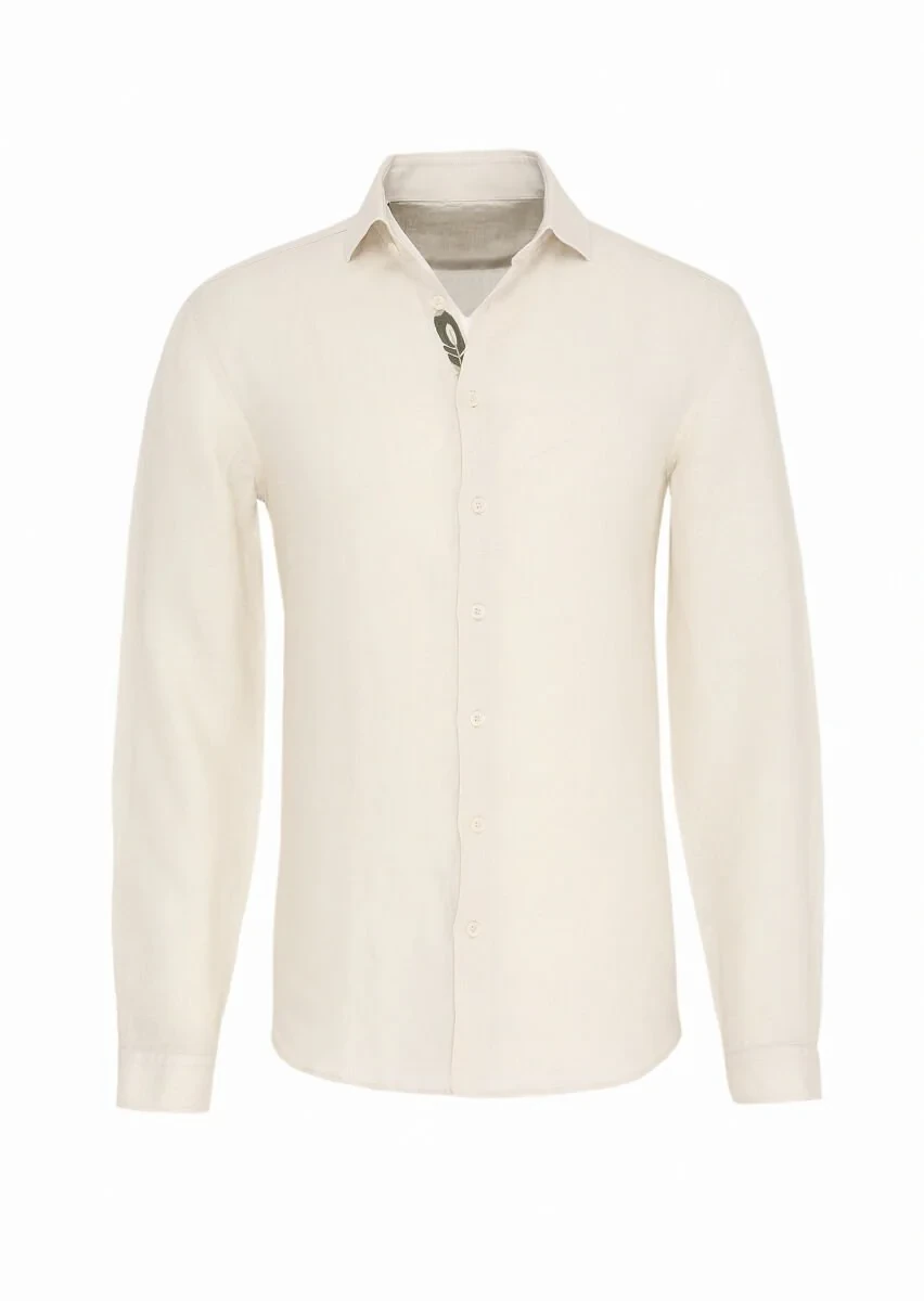 Beige Plain Regular Fit Weaving Casual 100% Linen Shirt - 1