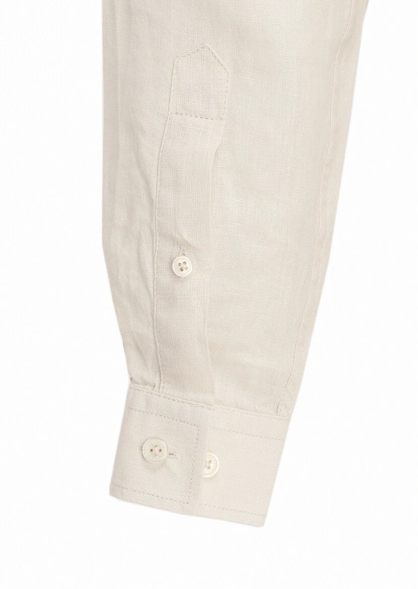 Beige Plain Regular Fit Weaving Casual 100% Linen Shirt - 4